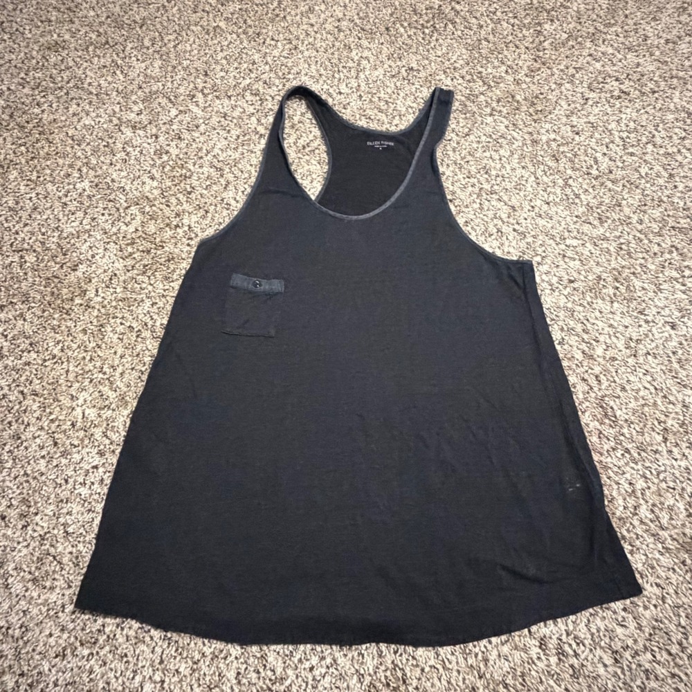 Eileen Fisher Womens Black 100% Linen Racerback Tank Top Pocket Size M